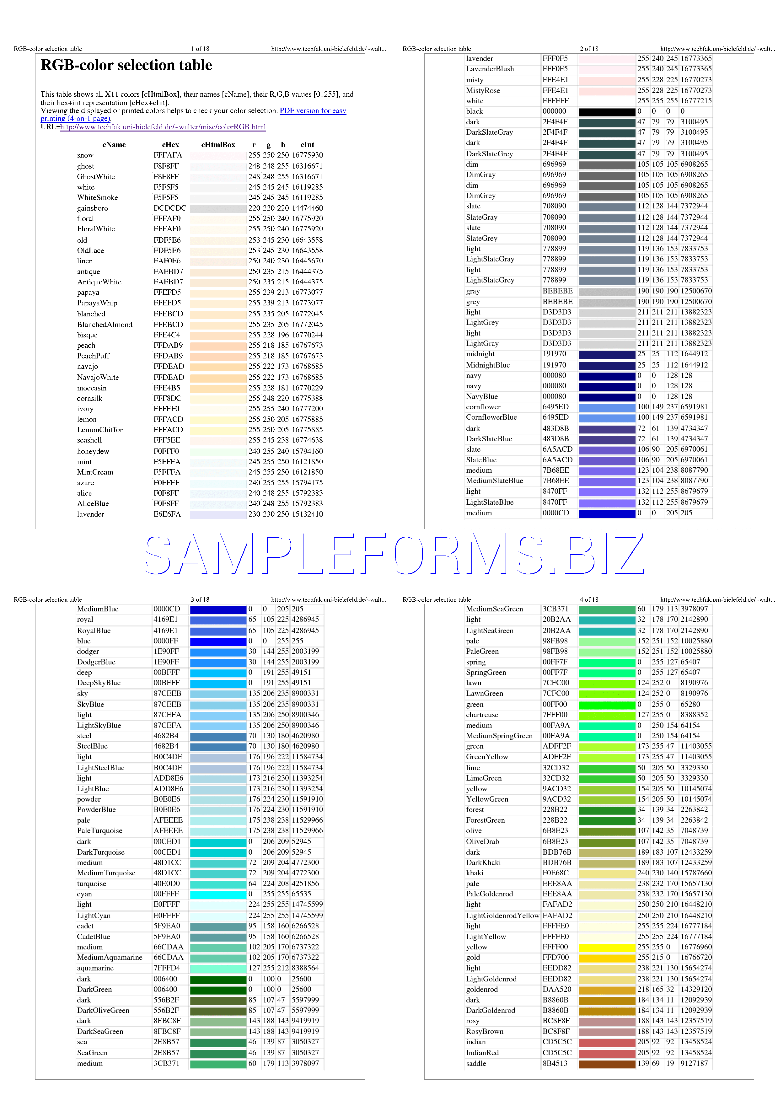 Preview free downloadable RGB-Color Selection Table in PDF (page 1)