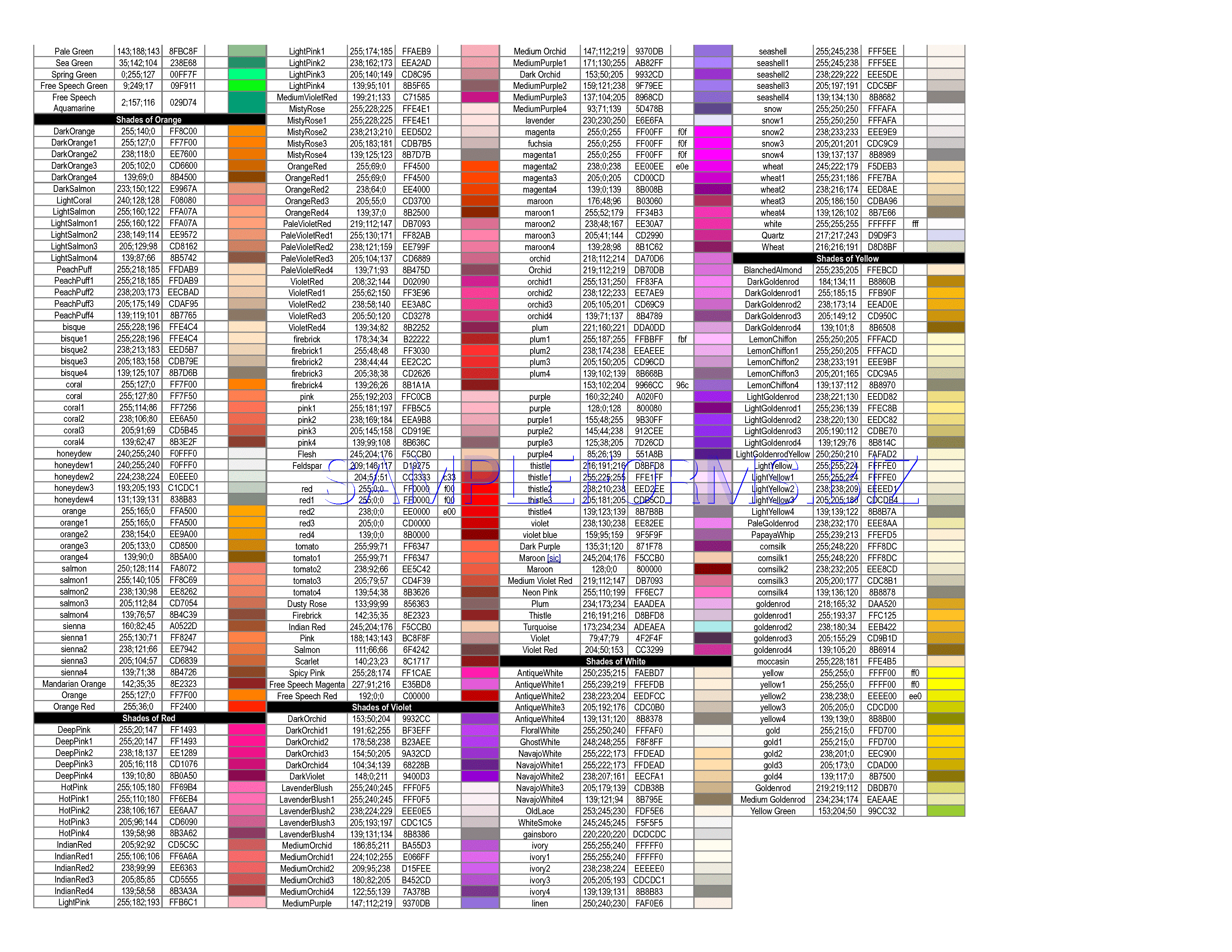 Preview free downloadable RGB to Color Name Reference in PDF (page 2)